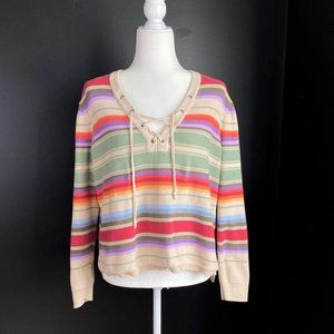 Colorful Striped Lace Up Cotton Sweater